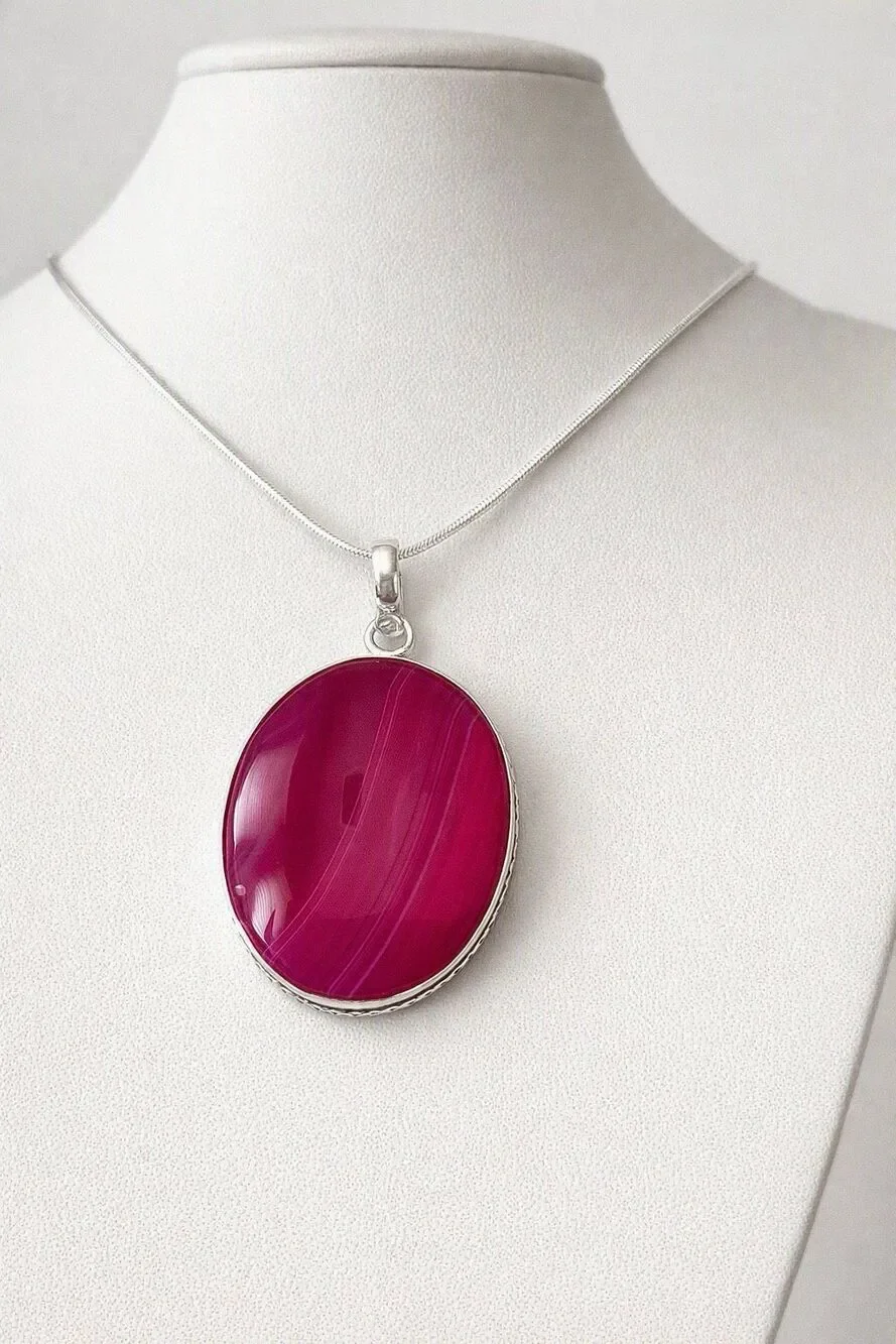 Pink Botswana Banded Agate Silver Necklace Boho Oval  Pendant Jewelry Gift New